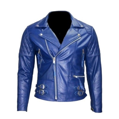Handmade zipper men's genuine leather biker stylish blue jacket