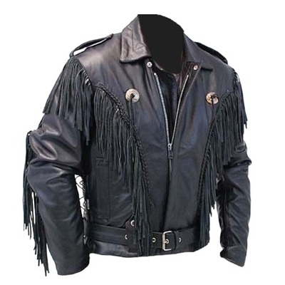 Handmade men's black wasterns stylish fringe zipper leather jacket