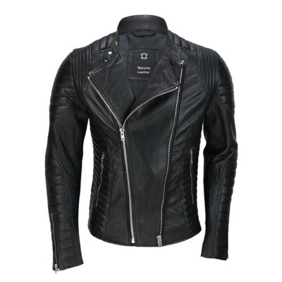 Handmade men's black leather fashion biker zipper jacket