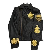 Handmade Men's Embroidery Patches Golden Black Style Leather Zipper Jacket - Thumbnail 1