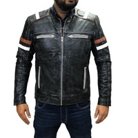 Handmade Men's Black Zipper Leather Biker Double Pocket Jacket - Thumbnail 1