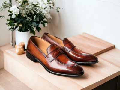 Men's Brown Penny Loafer Leather Shoes, Slip On Moccasin Shoes