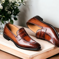 Men's Brown Penny Loafer Leather Shoes, Slip On Moccasin Shoes - Thumbnail 3