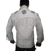 Handmade Men's White Cowboy Suede Leather Jacket Fringes & Beads - Thumbnail 1