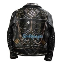 Handmade Men's Designed Green Studded Chains Leather Jacket - Thumbnail 1