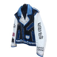 Handmade Men's Fashion Blue White Silver Studded Leather Jacket - Thumbnail 1