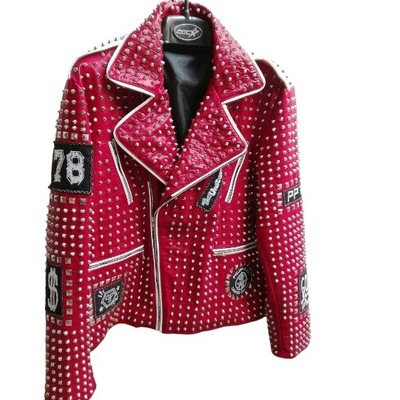 Handmade men's red studded patches leather white contrast zipper jacket