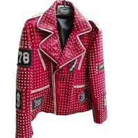Handmade Men's Red Studded Patches Leather White Contrast Zipper Jacket - Thumbnail 1