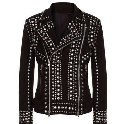 Handmade black color silver studded leather style men's zipper jacket