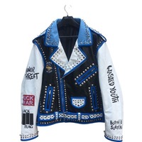 Handmade Men's Fashion Blue White Silver Studded Leather Jacket - Thumbnail 3