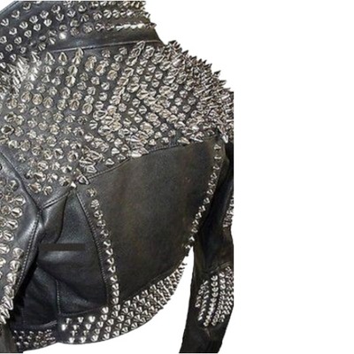 Black color silver studded leather style men's zipper handmade jacket