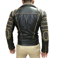 Handmade Men's Black Zipper Leather Golden Studded Jacket - Thumbnail 1