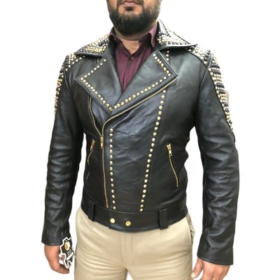 Handmade men's black zipper leather golden studded jacket