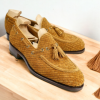 Handmade Beige Woven Leather Loafer Tussle Shoes, Slip On Casual Shoes - Thumbnail 1