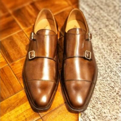Best sale men's brown double monk strap leather shoes