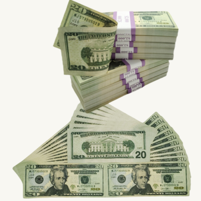 Fake movie money 225 pieces x $20 full print. double sided replica copy dollar for education,video,movie set,funny gift prop money