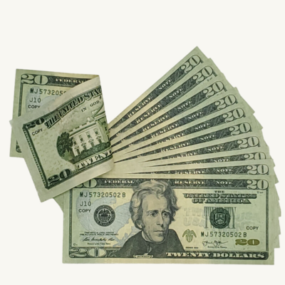 Fake movie money 225 pieces x $20 full print. double sided replica copy dollar for education,video,movie set,funny gift prop money