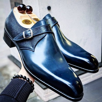 Handmade men blue single monk strap shoes - Thumbnail 1