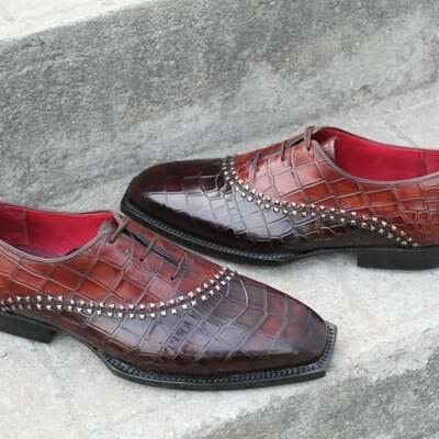 Luxury handmade mens unique brown crocodile texture leather alligator dress fashion oxford shoes - Thumbnail 1