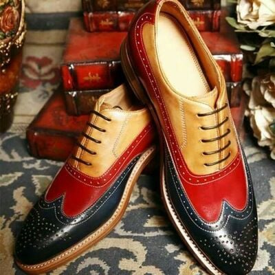 Handmade red black tan leather oxford shoes, men's wing tip brogue lace up dress shoes - Thumbnail 1