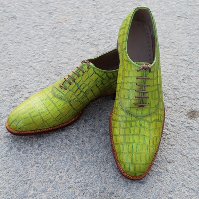  crafted leather unique yellow green oxford genuine embossed crocodile texture leather dress shoes - Thumbnail 2