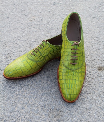 Crafted Leather Unique Yellow Green Oxford Genuine Embossed Crocodile Texture Leather Dress Shoes