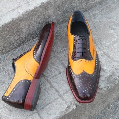 Crafted leather handmade black camel color leather wingtip oxford dress shoes - Thumbnail 3