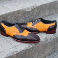 Crafted Leather Handmade Black Camel Color Leather Wingtip Oxford Dress Shoes - Thumbnail 1