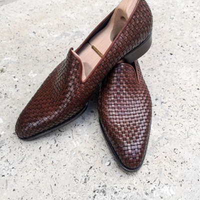 Bespoke wholecut woven leather loafers dress shoes - Thumbnail 1
