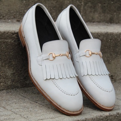 Crafted leather handmade white fringes loafers classic men wedding dress shoes - Thumbnail 4