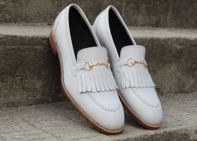 Crafted Leather Handmade White Fringes Loafers Classic Men Wedding Dress Shoes