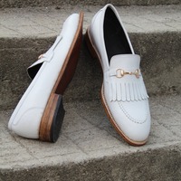 Crafted Leather Handmade White Fringes Loafers Classic Men Wedding Dress Shoes - Thumbnail 1