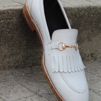 Crafted Leather Handmade White Fringes Loafers Classic Men Wedding Dress Shoes - Thumbnail 2