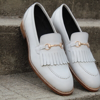 Crafted Leather Handmade White Fringes Loafers Classic Men Wedding Dress Shoes - Thumbnail 3