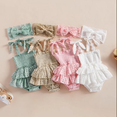 Infant baby girls solid one piece ruffled eyelet romper and headband set, pink, beige, white, sage green, free shipping