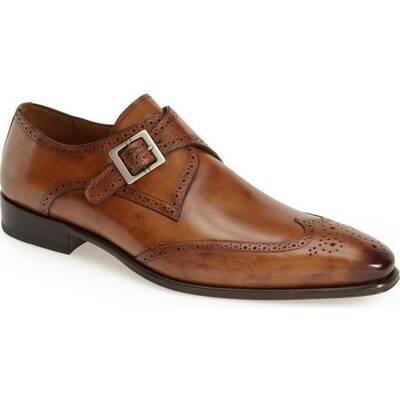 Handmade men tan color wing tip brogue formal monk shoes, men tan leather shoes