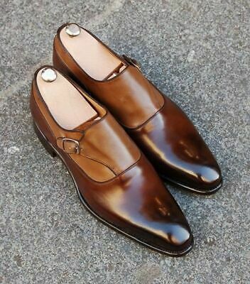 Genuine Leather Burnished Brown Tone Vintage Handmade Buckle Monk Men Shoes