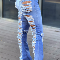 Elegant Temperament Sexy Blue Distressed Tight Jeans - Thumbnail 1