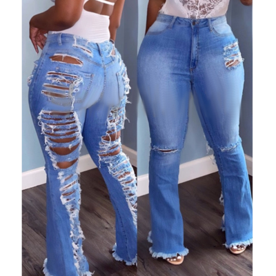 Elegant temperament sexy blue distressed tight jeans