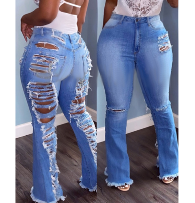 Elegant Temperament Sexy Blue Distressed Tight Jeans