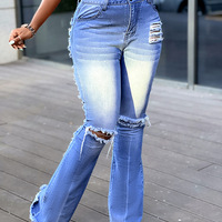 Elegant Temperament Sexy Blue Distressed Tight Jeans - Thumbnail 2