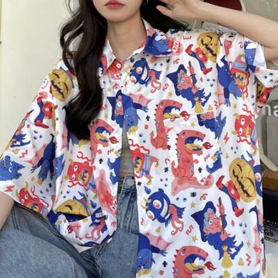 Devil full print short sleeve blouse shirt