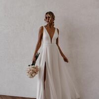 Elegant A Line V Neck Chiffon Long Wedding Dress with Slit,1725 - Thumbnail 1