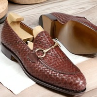 Men's Brown Woven Leather Shoes, Handmade Shoes, Horse bit Loafer Shoes - Thumbnail 1