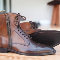 Bespoke Ankle High Black Cap Toe Zipper Boot, Men's Lace Up Boot - Thumbnail 1