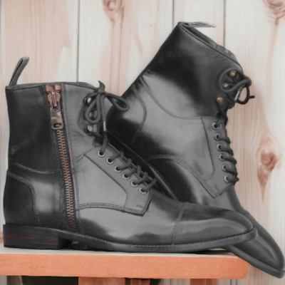 Bespoke ankle high black cap toe zipper boot, men's lace up boot