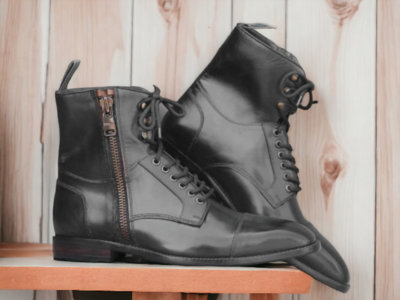 Bespoke Ankle High Black Cap Toe Zipper Boot, Men's Lace Up Boot