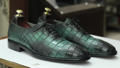 Handmade Men's Green Alligator Print Leather Lace Up Office Shoes
