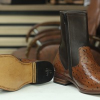 Handmade Men's Two Tone Ostrich Leather Zipper Ankle High Boots - Thumbnail 1