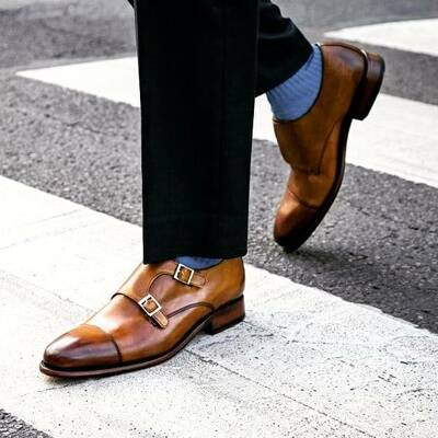 Handmade men's designer natural brown leather double monk shoes - Thumbnail 3